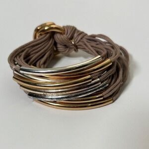 Gillian Julius RB2M Multi Strand Cord Bracelet Taupe Metal Tube Gold Silver Tone